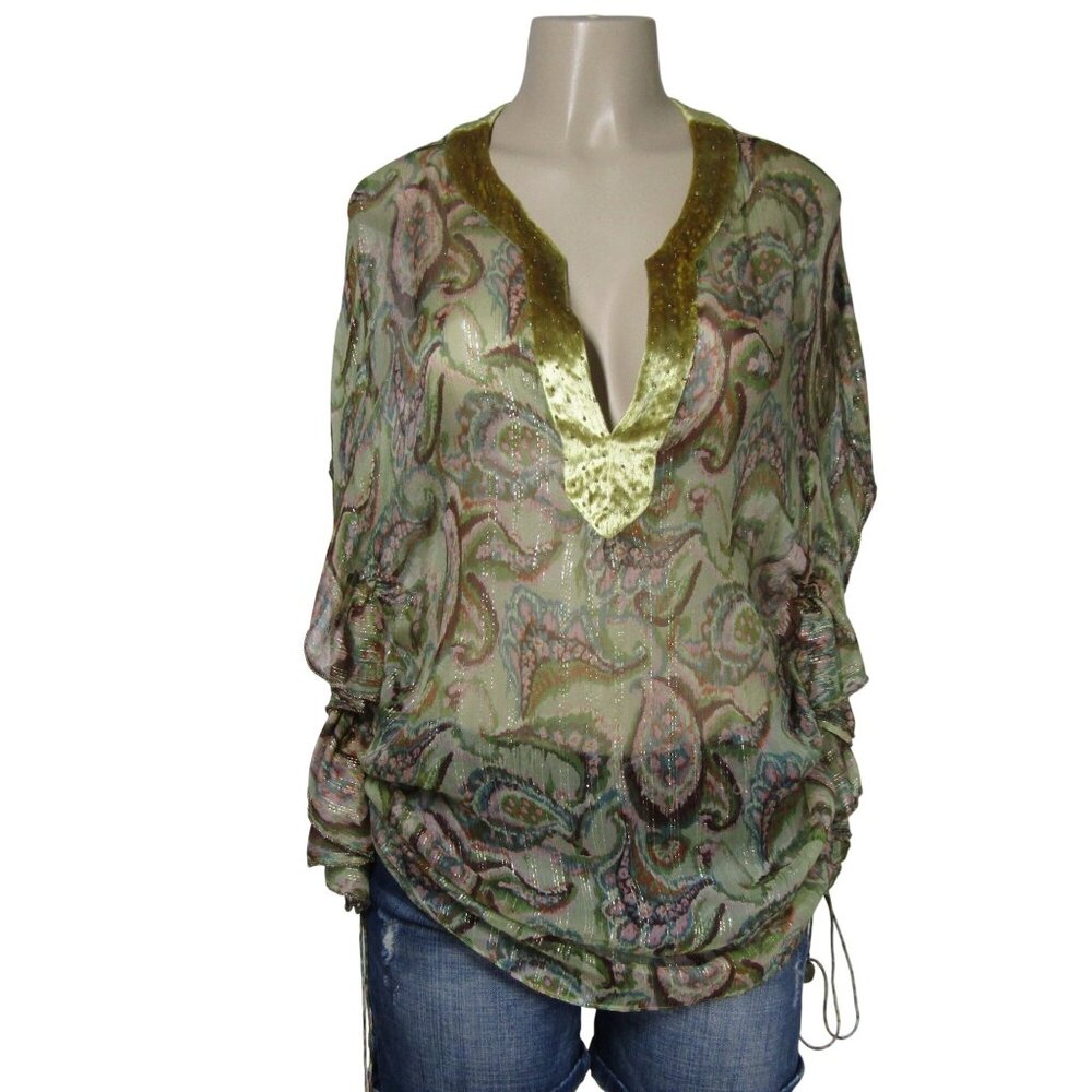 3.1 PHILLIP LIM SHEER Silk Metallic Oversize Ruched Boho Floral Glam Fairy Top 2